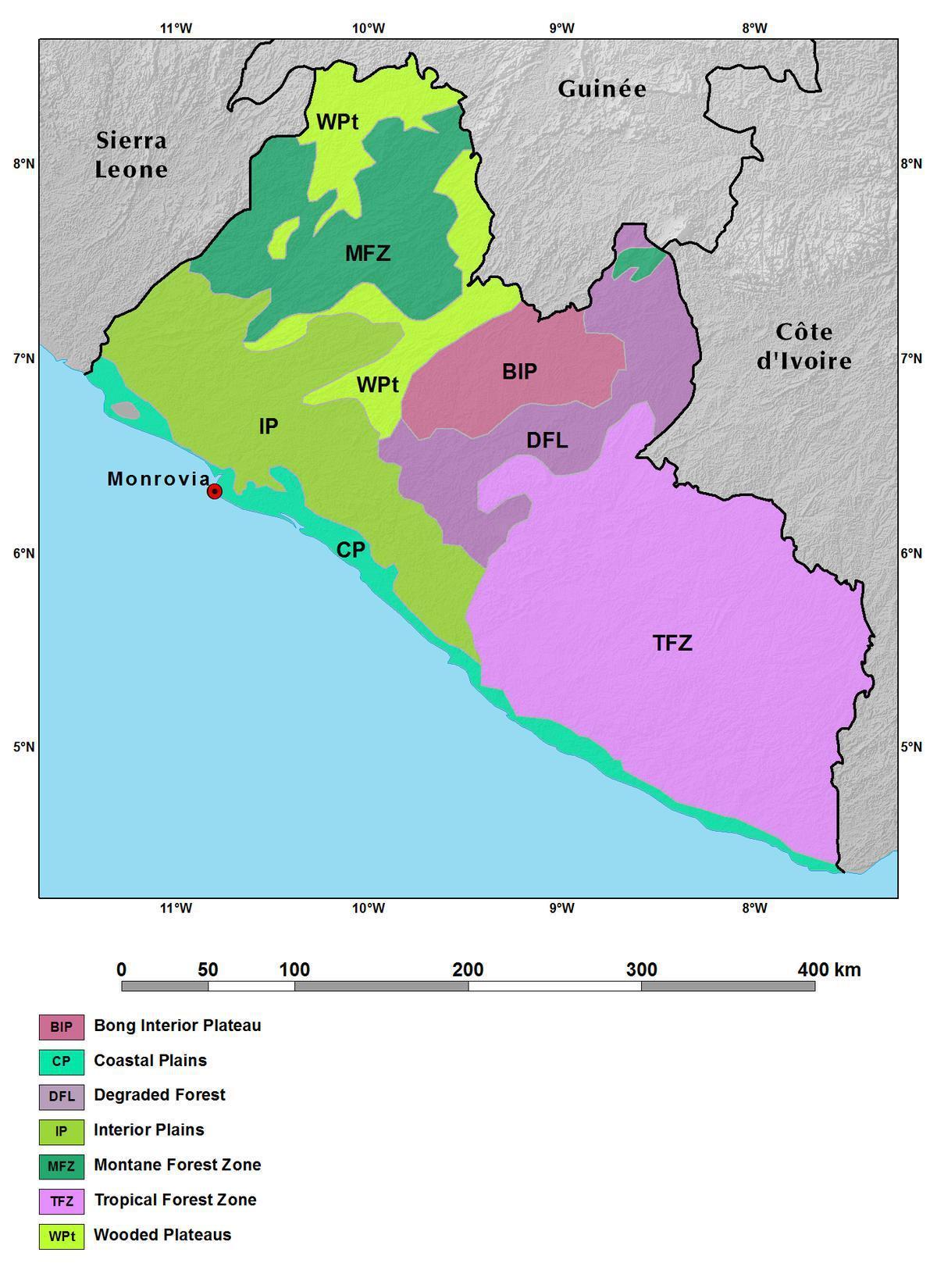 mapa da Libéria montanhas