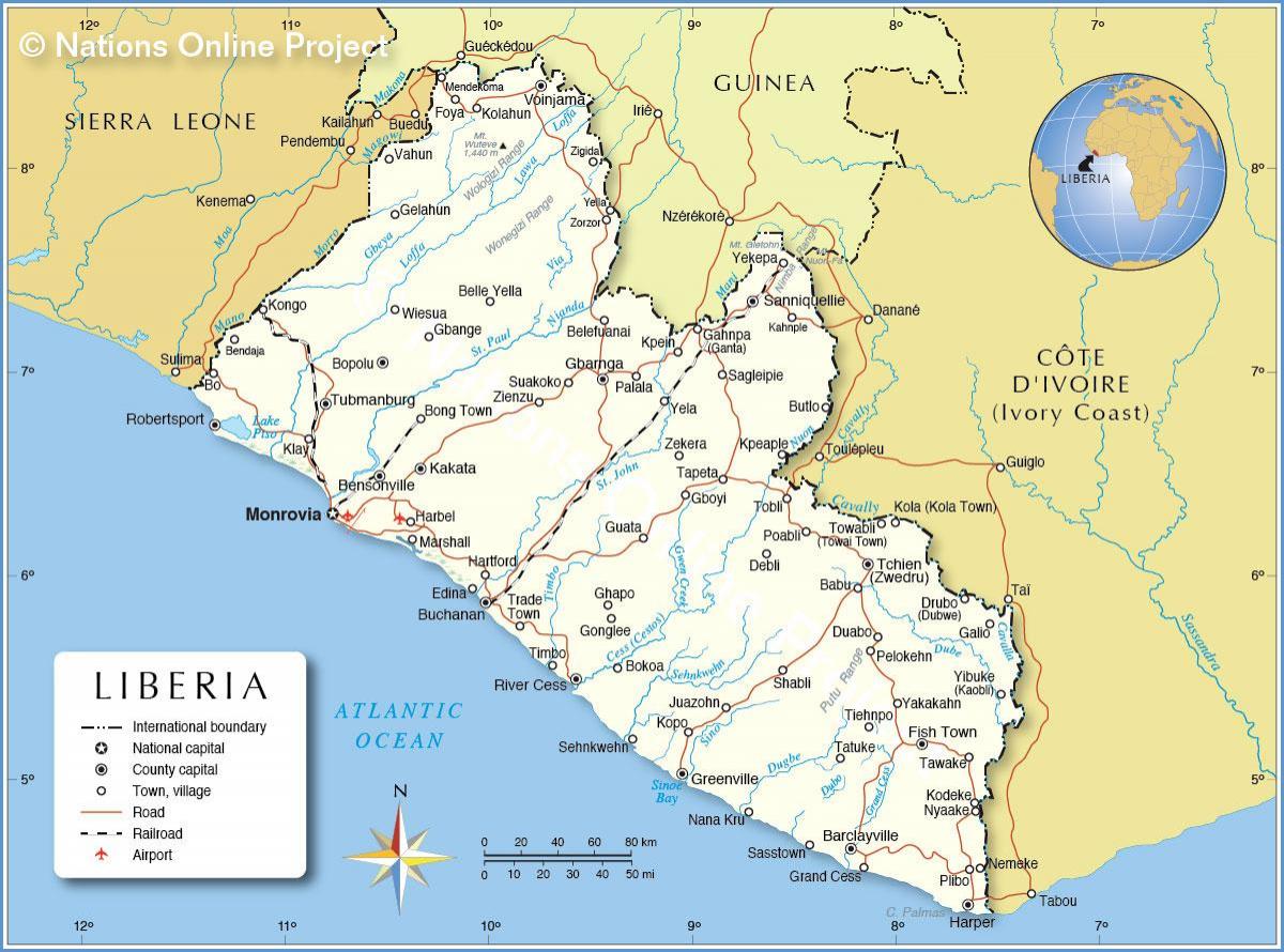 mapa da Libéria, áfrica ocidental