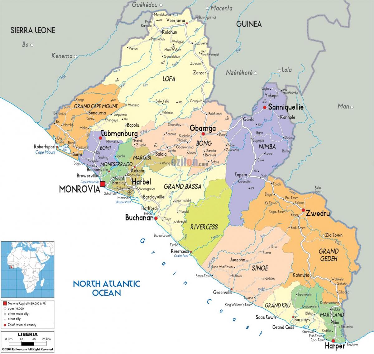 o mapa político da Libéria