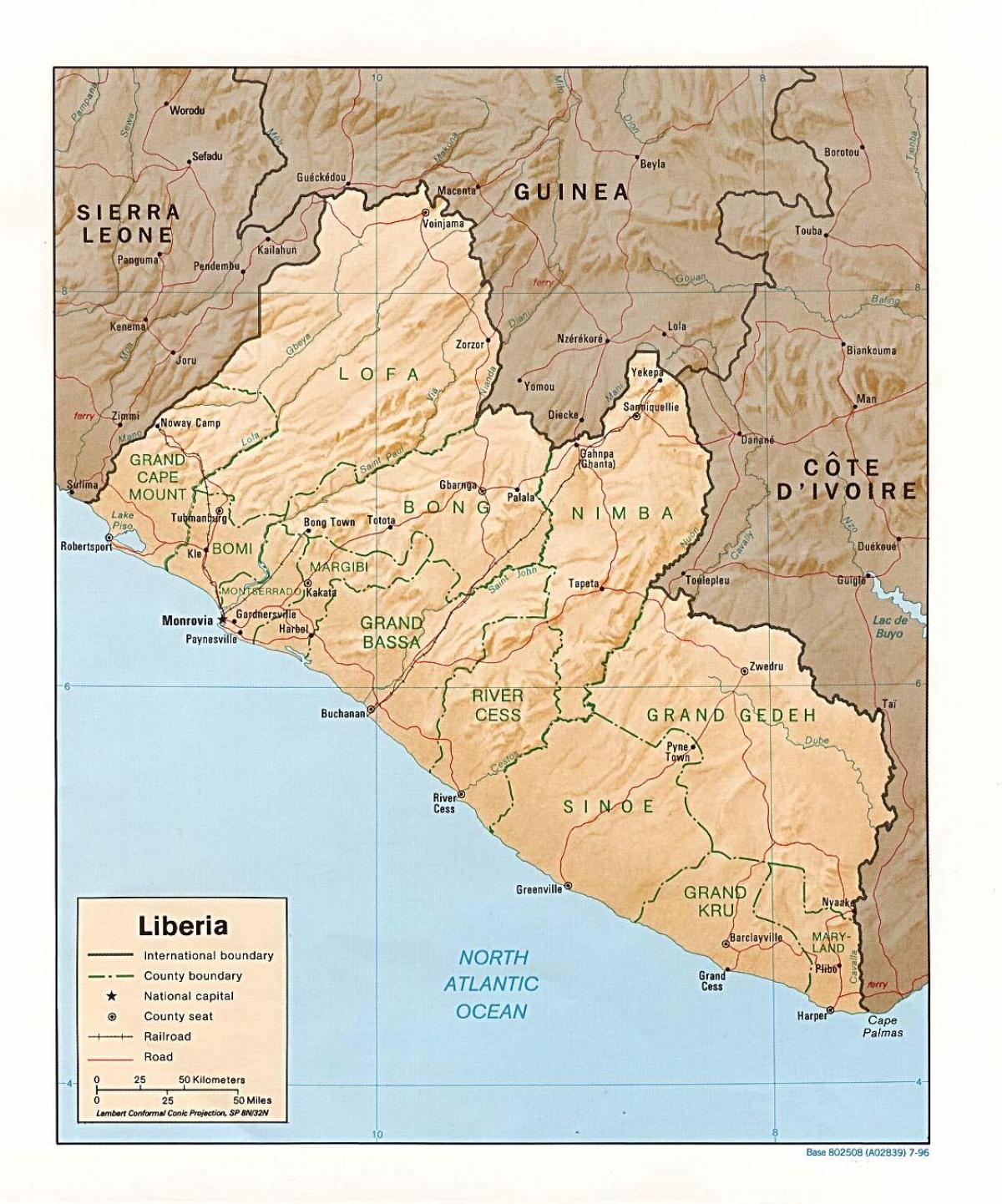 desenhar o mapa em relevo da Libéria